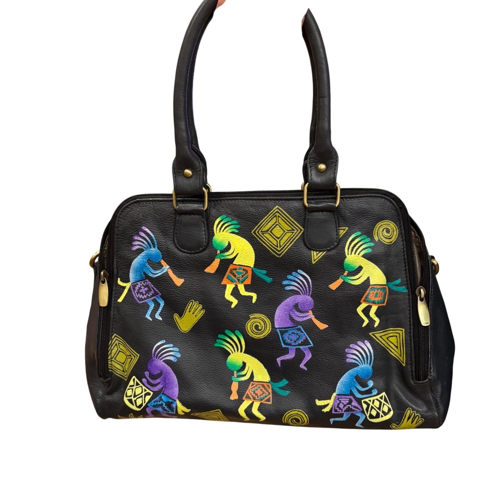 Native American Kokopelli Hand‎ Painted Black Leather Satchel Handbag